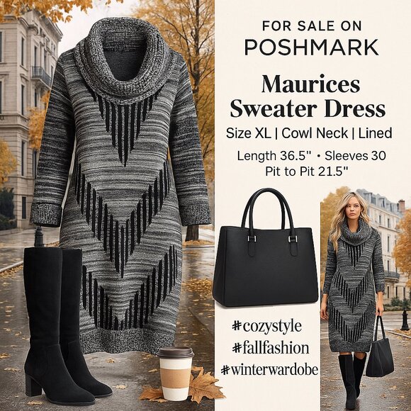 Maurices Black & Gray Sweater Dress – XL (Cowl Neck, Geometric Stripe) - Picture 1 of 11